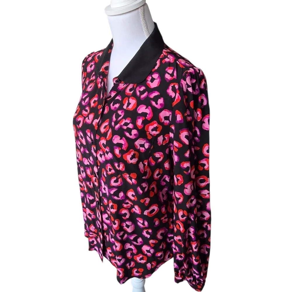 Kate Spade Silk Blouse Abstract Long Sleeve Button Down Shirt Pink Black Size 10